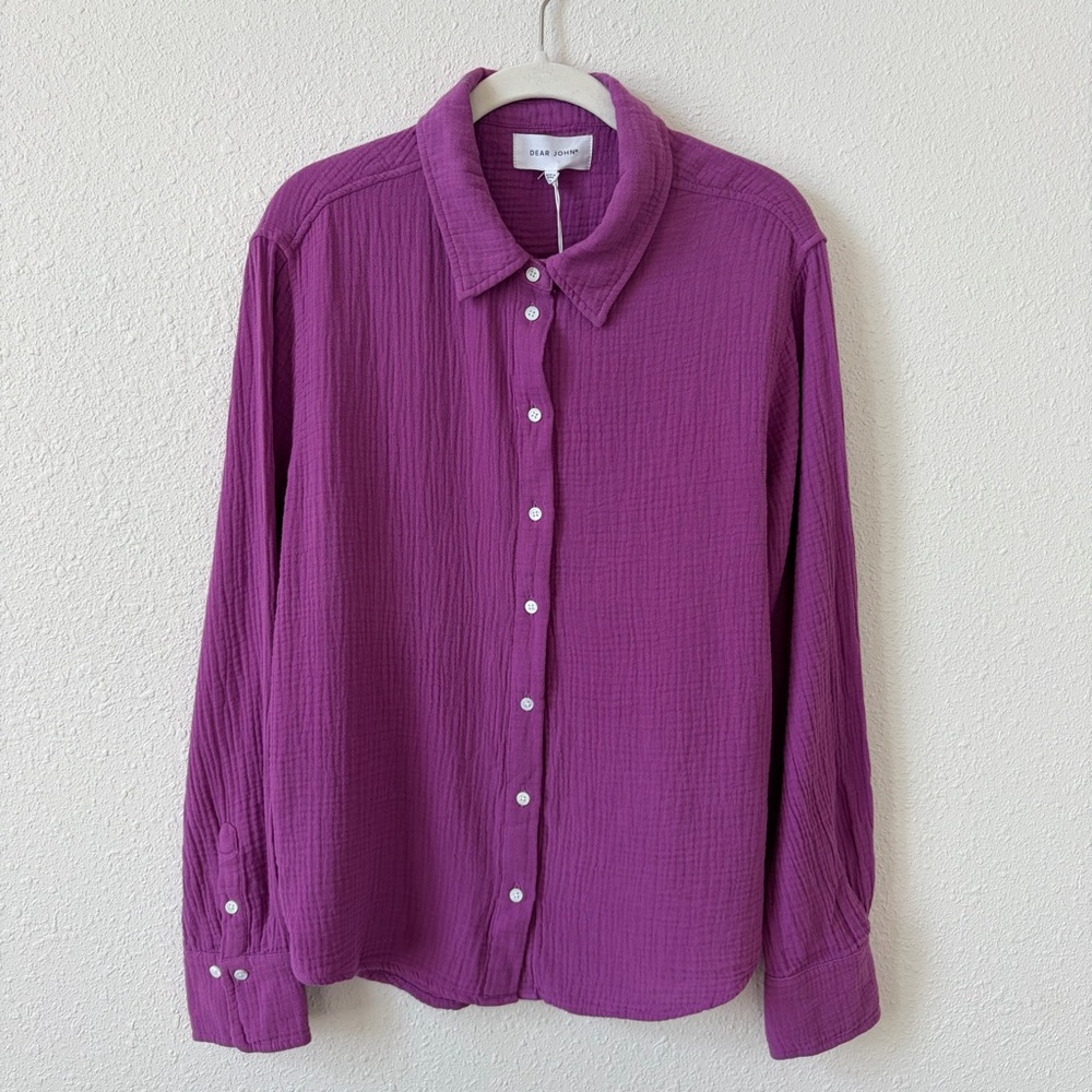 Dear John 100% Cotton Gauze Button Up Shirt Purple Size Medium Coastal Colorful